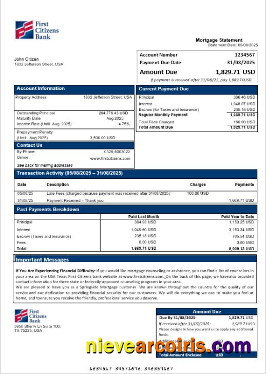 USA Texas First Citizens bank mortgage statement